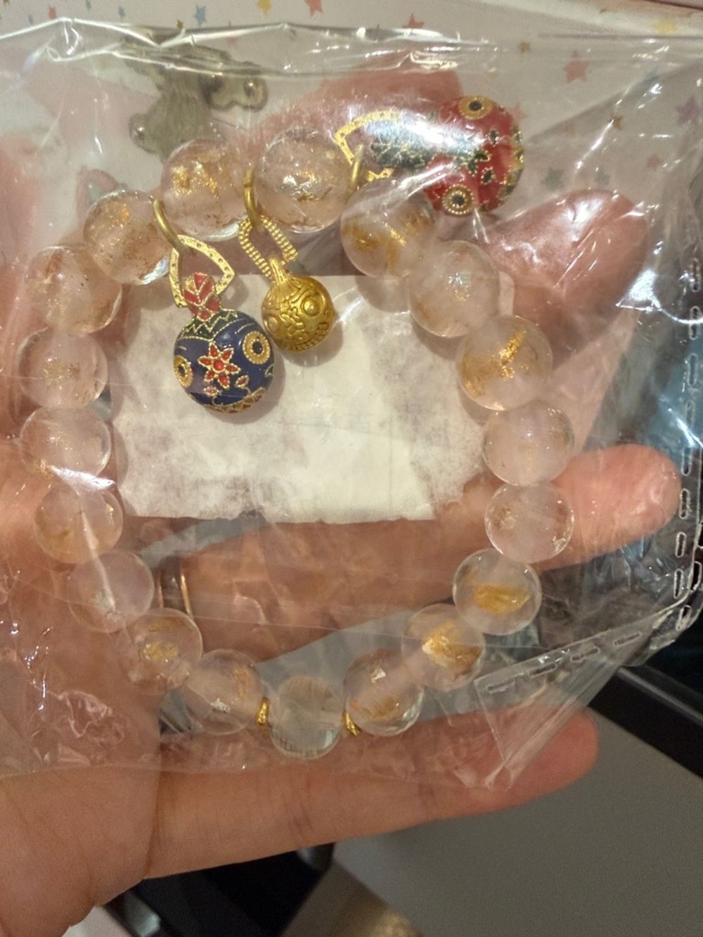 Gold-Flecked Clear Bead Bracelet with Enamel Charm